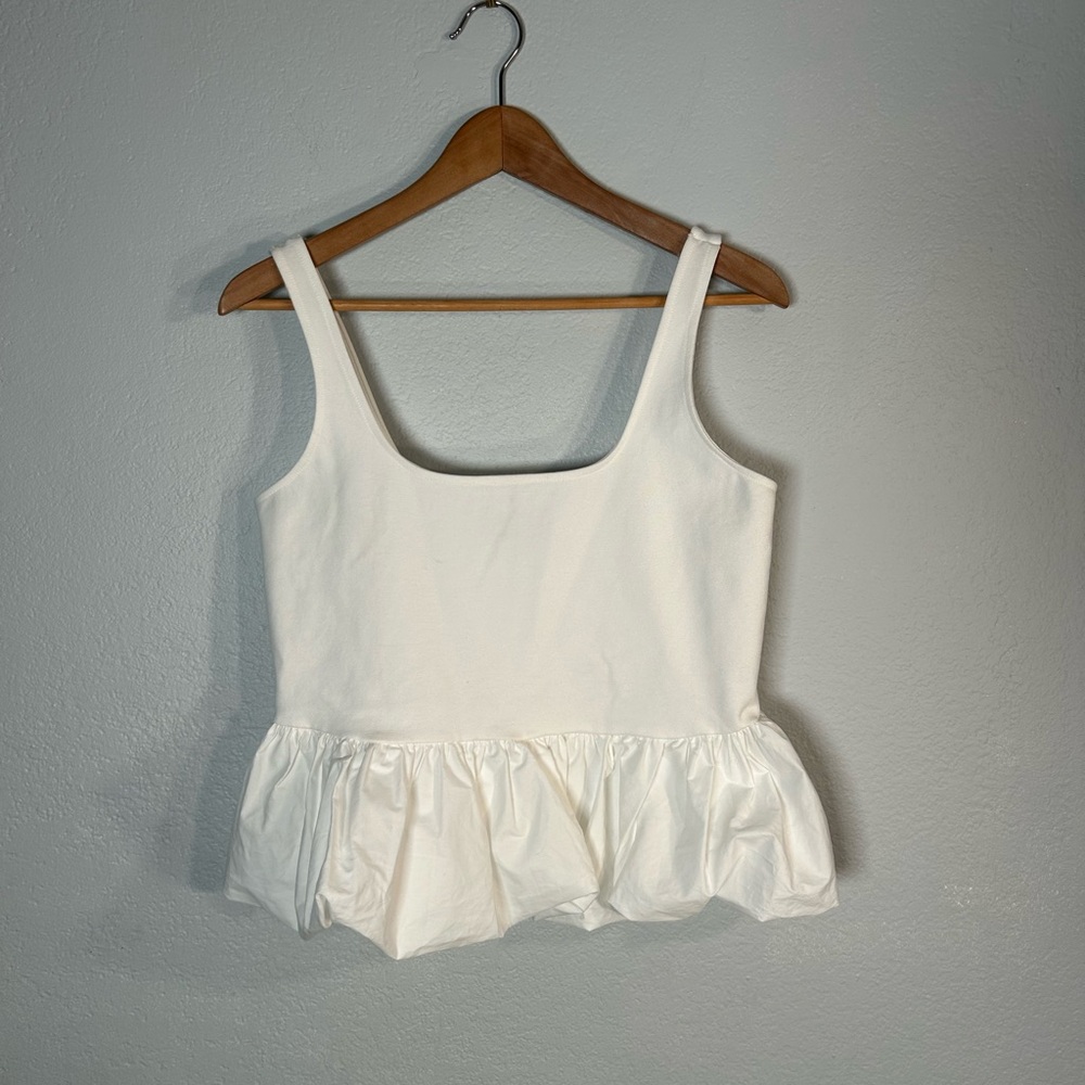 Women's White Scoop Peplum Square Neck Sleeveless Tank Top cropped